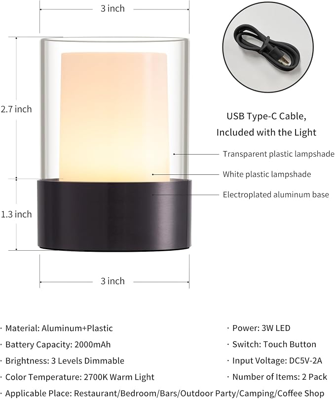 4" Black Cordless Table Lamp Set of 2, Outdoor Rechargeable Lamp | LED, Battery Operated, Portable, Touch Night Light for Dining Room, Camping, Bar, Party, Bedside, Bedroom, Home Decor, Gift