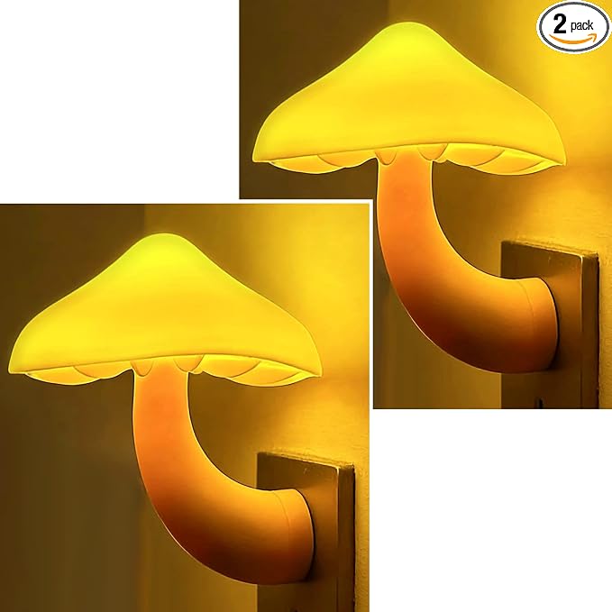 LED Mushroom Night Light Plug in Lamp, 2 Pack Light Sensor Night Lights Plug into Wall, Soft Warm Yellow Light Dusk to Dawn Night Light for Adults Kids Room Bedroom Bathroom Hallway Kitchen