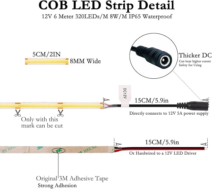 JOYLIT 12V COB LED Strip Lights 20FT/6M IP65 Waterproof 3000K Warm White 320LEDs/M CRI 90+, Bright Uniform Spotless Dimmable Adhesive Tape Lights for Kitchen Cabinet, Counter, Shelf, Stair