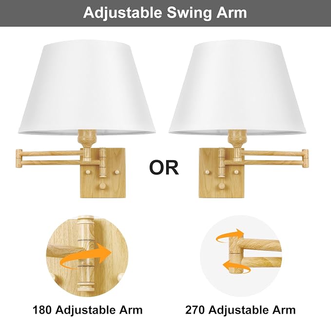 TRLIFE Dimmable Wall Sconce Plug in, Wall Sconces Set of 2 Swing Arm Wall Lights with Plug in Cord and Dimmer On/Off Knob Switch, 11.8" Large White Fabric Shade(2 LED Bulbs Included, Oak Color)