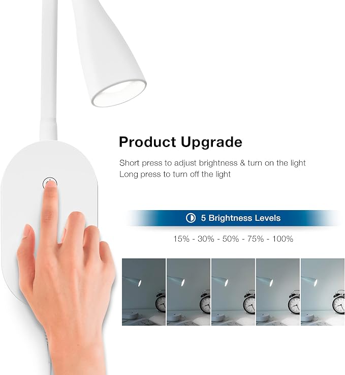 Wall Mounted Reading Lights, Set of 2, Dimmable, USB Charging | Two focused bedside lights with touch dimming, flexible goosenecks, USB charging and auto-off for shared bedrooms.