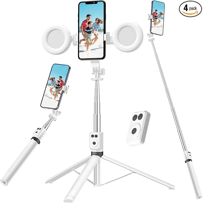 Selfie Stick Tripod with Fill Light, Phone Selfie Stick,Durable Stainless Steel Design,Bluetooth Remote Control,and Stable Three-Legged Support for Live Broadcasts,Video Shooting (White)