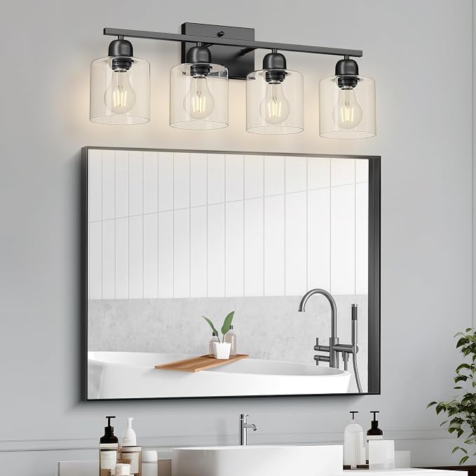 Modern 4 Light Bathroom Light Fixtures, 24 inch Black Vanity Lights for Bathroom with Clear Glass, Bathroom Vanity Light for Mirror Kitchen Living Room Hallway Cabinet Porch