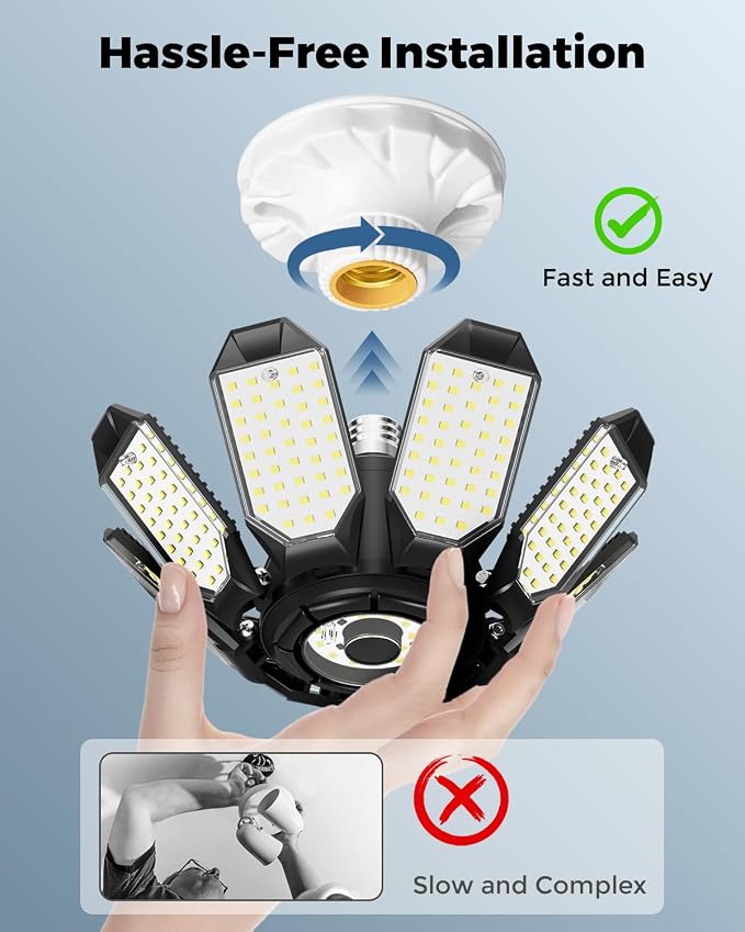 Garage Lights w/ 8 Deformable Panels, 56000LM 6500K Ultra Brighter | LED Garage Lighting Fixture Screw in E26 E27 Socket Light Bulbs for Basement Workshop Attic Utility Laundry Storage, 4 Pack