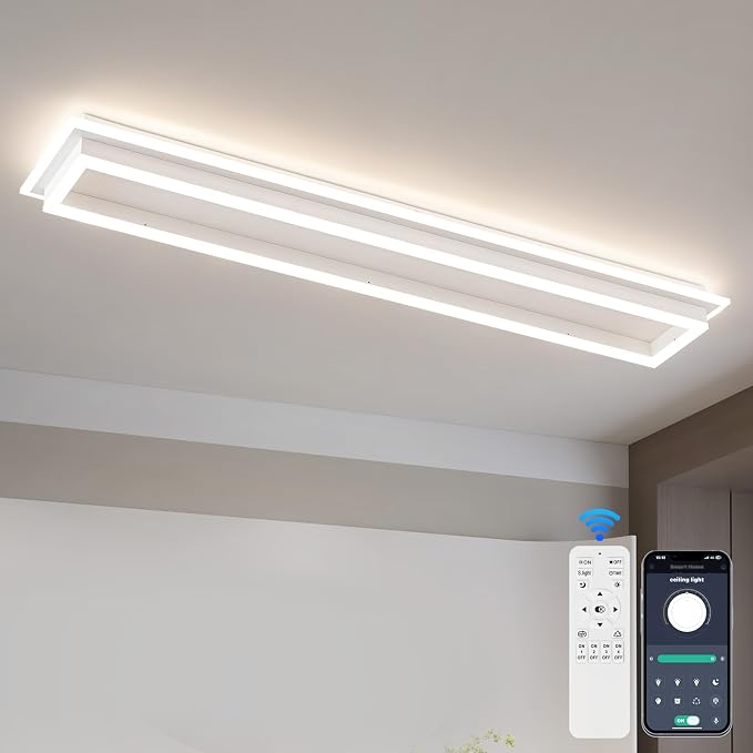 Dimmable Led Ceiling Light with Remote Control Modern Linear Flush Mount Ceiling Lighting Fixture Acrylic Long Ceiling Lamp for Living Room Kitchen Dining Room Hallway (White,39.3inch)