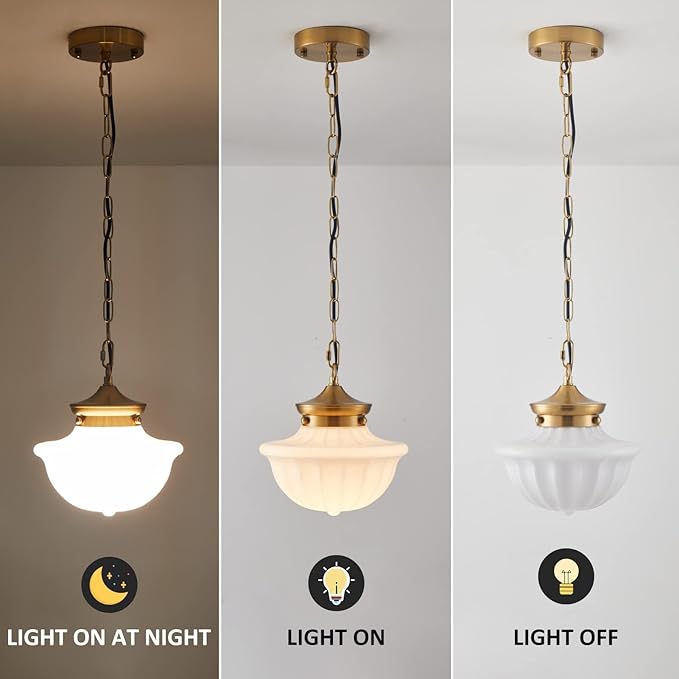 Schoolhouse Pendant Fixtures, 9" Brass Gold Milk Glass Pendant Light, Adjustable Mid Century Ceiling Pendant Lighting for Bedroom Kitchen Living Room Hallway Dining Room
