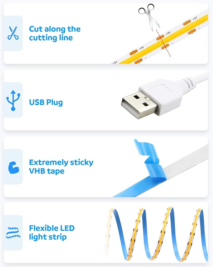 Aclorol 13.12FT/4M USB COB LED Strip Lights Warm White LED TV Backlight with Strong Self-Adhesive Flexible for Bedroom Shelves Bedframe Headboard Closet Wardrobe Display Case 320LEDs/M 3000K 8MM Width