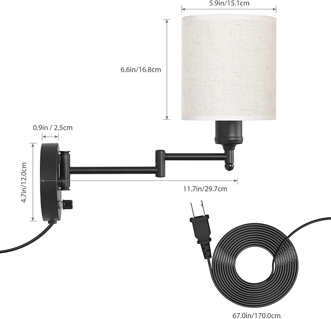 CADUKE Plug in Wall Sconce Set of 2, Swing Arm Wall Lamps | Modern, Bedroom Wall Light Fixtures, Linen Lampshade, For Reading Hallway Living Room