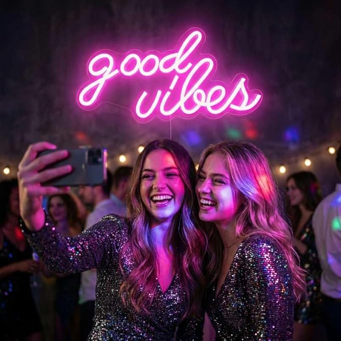 DECANIT Good Vibes Neon Sign Pink, Aesthetic LED Light for Wall Decor, Bedroom, College Dorm, Studio, USB Powered 3D Night Lamp for Birthday Gift, Party Background, 16.1x8.3 Inch