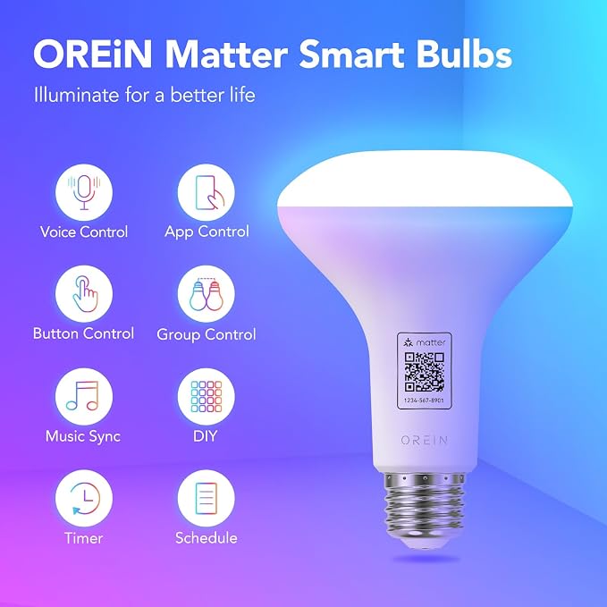OREiN Matter BR30 Smart Bulbs, 650LM RGBTW Color Changing Led Bulb, 4 Pack | 60W Smart Flood Light Bulb Compatible with Alexa, Apple Home, Google Home, SmartThings,2.4Ghz WiFi Only Smart Light Bulbs