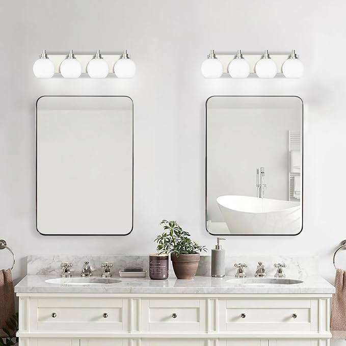IZORRO Bathroom Light Fixtures, 4-Light Brushed Nickel Vanity Light, Modern Wall Sconces with Globe Milk White Glass Shade, Vanity Lighting Fixtures Over Mirror,E26 Bulb Socket