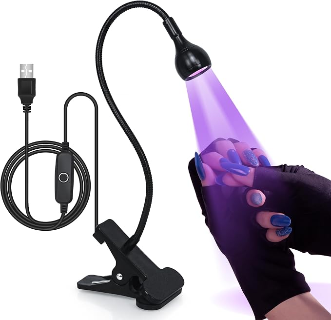 AORAEM 3W LED Nail Lamp with Clamp and Flexible Gooseneck for Gel Nails | Includes UV Protection Gloves for Gel Polish Curing, Salon and Home DIY