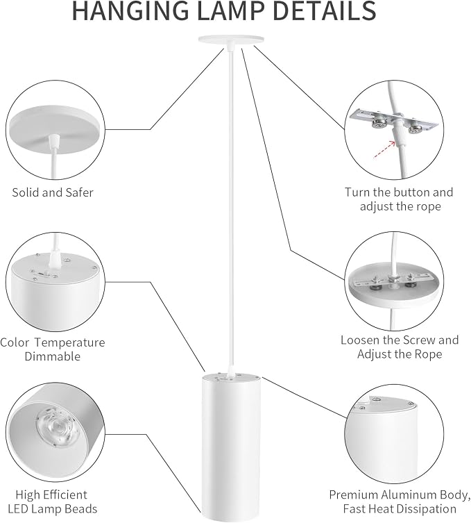 4" Pendant Lights Kitchen Island, 25W Cylinder Hanging Lights with Dipswitch, Modern Eye Care Led Pendant Lamp fixtures for Bedroom, Living Room, Office (White, 1 Pcs)