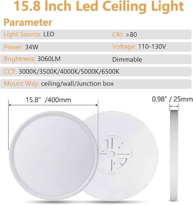 4PK Dimmable 15.8 Inch Led Ceiling Light Flush Mount, 34W, 3060LM, 3000K/3500K/4000K/5000K/6500K CCT, 0.98" Super Slim Close to Ceiling Round Flat Panel Light for Hallway,Kitchen ect, White