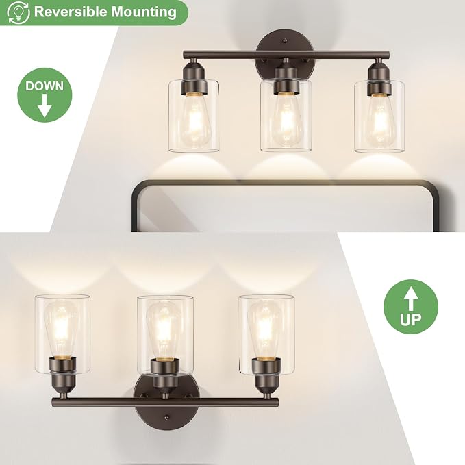 3-Light Bathroom Vanity Light, Clear Glass & Brown,17.3" | Modern Wall Lamp, For Mirror