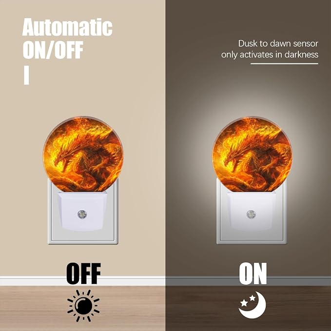 Round LED Night Lights Lamp with Dusk to Dawn Sensor, Fantasy Painting Of Enormous Majestic Dragon Made Out Of Fire Night Light Plug Into Wall for Kids Room, Bedroom, Bathroom, Kitchen, Hallway