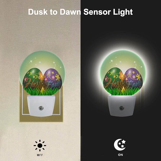 EKOBLA Happy Easter LED Night Light Colorful Easter Eggs Plug-in Nightlights Home Auto Sensor LED Dusk to Dawn Light for Bedroom Bathroom Kitchen Corridor