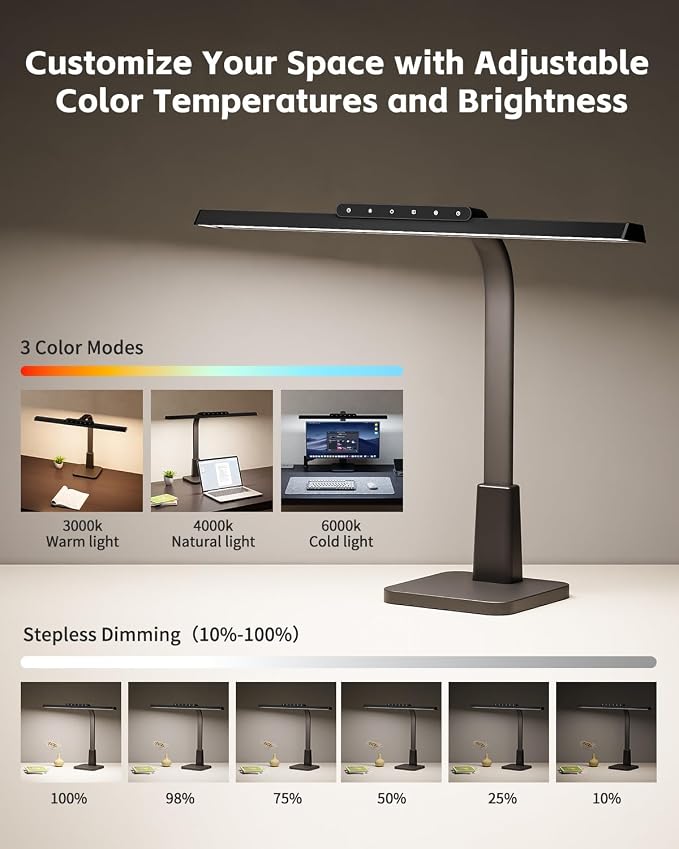 Desk Lamp with Stable Base, 1600LM Computer Desk Light with Timer Function | Eye-Caring Desk Light for Home Office, 3 Color Modes Stepless Dimming Task Light with Memory Function
