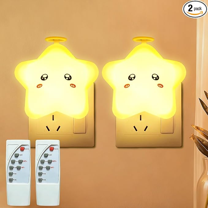 2 Pack Star Night Light with Remote,Plug-in Dimmable Nightlight for Kids, 3 Color Modes,10 Brightness Levels,Timer Function,Soft Glow, Energy Efficient,Ideal for Bedroom,Hallway, Bathroom