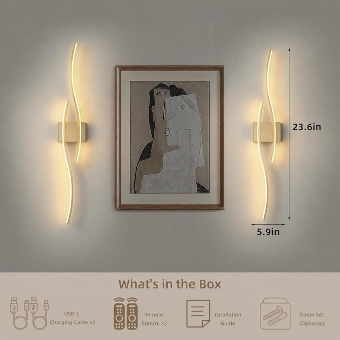 Battery Operated Wall Sconces Set of 2, Dimmable Modern LED Rechargeable Wall Light with Remote Control, Wall Decor for Living Room, Hallway, Quick Install, No Electrician Required 23.6 Inch