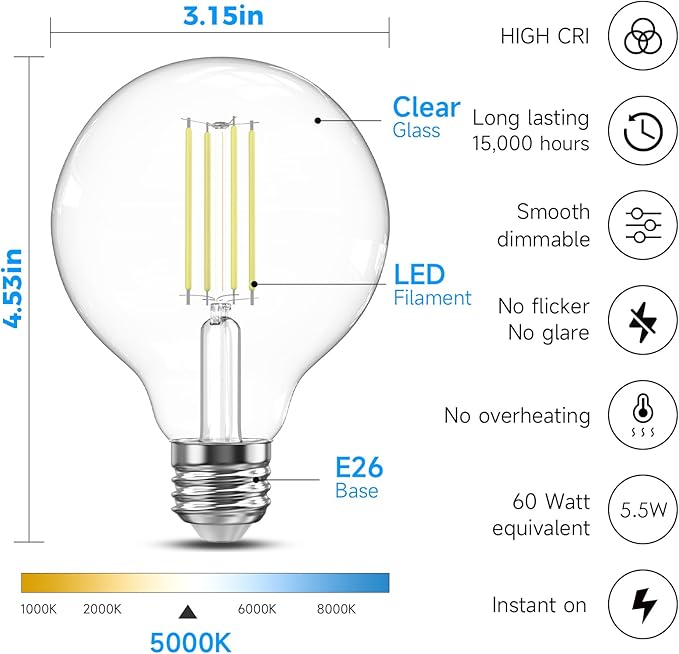 TJOY G25 Globe Light Bulbs, LED Edison Vanity Light Bulbs, Dimmable, 5000K Daylight White, 500 Lumens, 5.5W=60W, CRI80, Clear Vintage Filament Globe, E26 Base, 6 Pack
