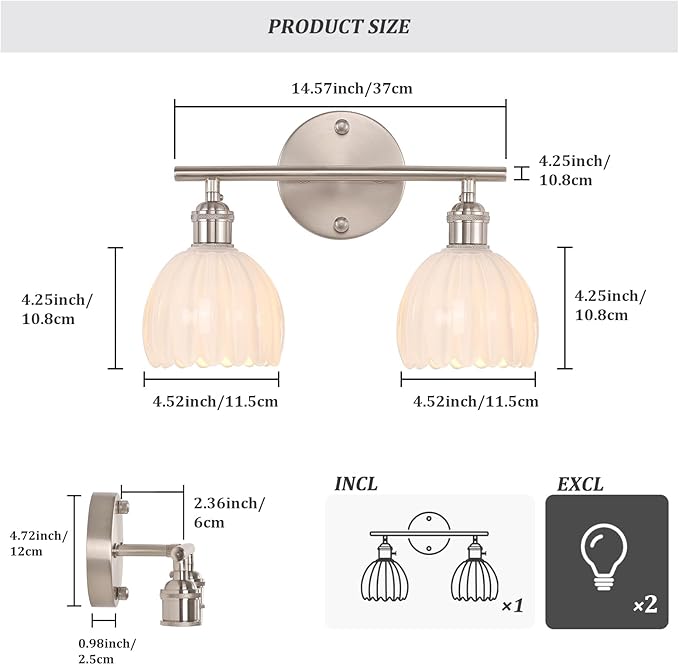 Bathroom Light Fixtures, 2-Light Vanity wall Light Over Mirror with White Tulip Glass Shade for Bedroom Living Room (Bulb Not Included), Satin Nickel