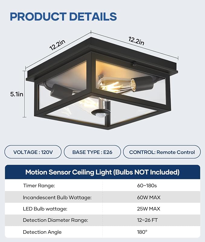 Motion Sensor Outdoor Ceiling Light with Remote, 12.2 Inch Black Flush Mount Porch Light Fixture with United Glass Cover, 5 Modes Outside Flush Mount Light for Porch, Garage, Patio, Entryway