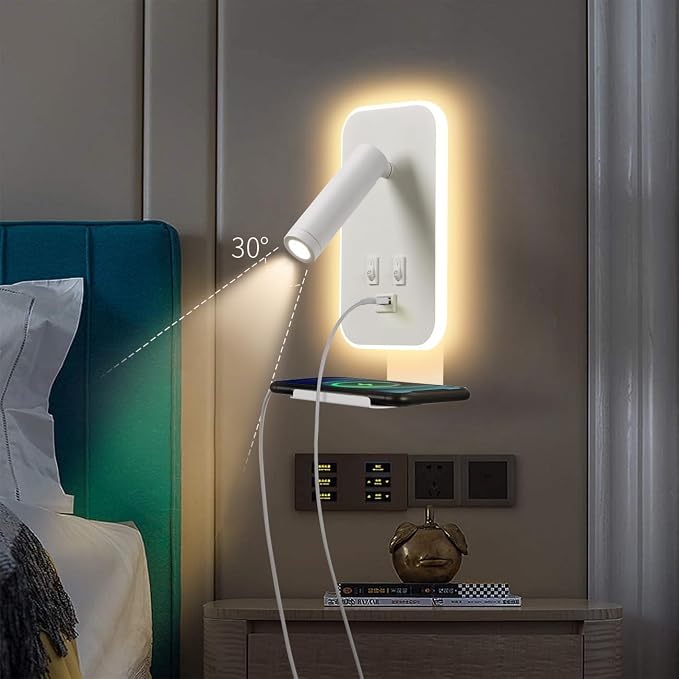 Wall Mounted Reading Light, Bedside Wall Sconces USB Charging, 3100K Warm Ambient Lighting Wall Mounted Sconce for Bedroom, wall lamps for bedroom hardwired, Eye-Caring Bedroom Lighting, White