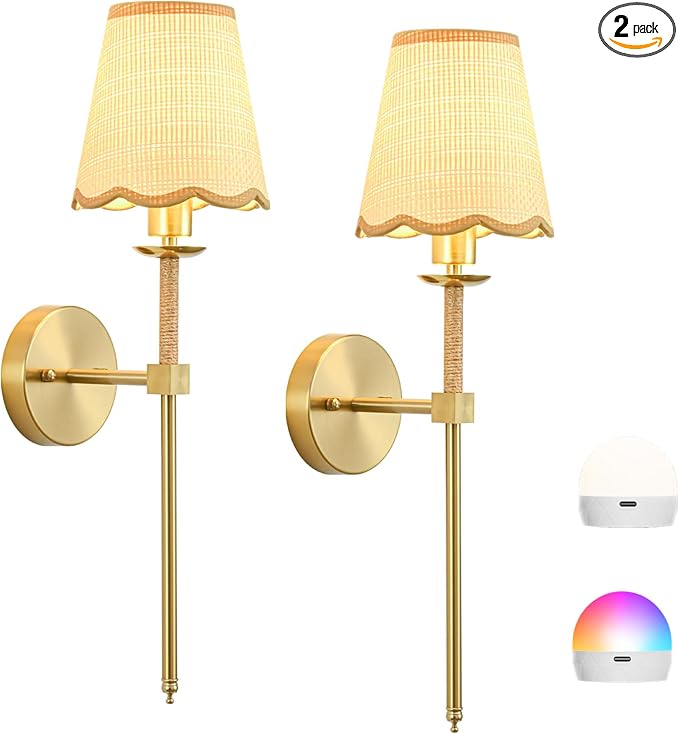 Boho Battery Operated Wall Sconce Set of 2, Gold Wireless Rechargeable Wall Lights with Rattan Shade, 12 RGB and 3CCT Dimmable Cordless Wall Lamps with Remote for Bedroom Living Room