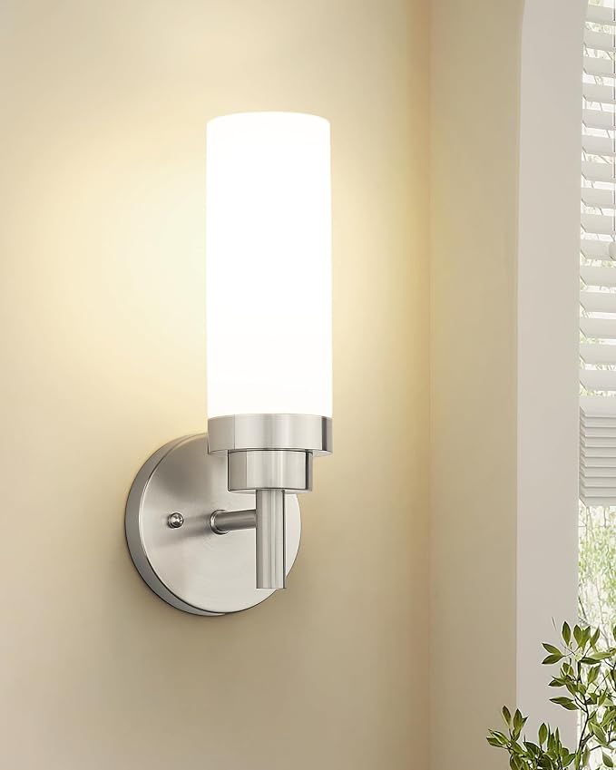 Emak Brushed Nickel Sconces Wall Lighting, Modern Vanity Lights with Milk Glass Shade, Wall Sconce for Bathroom, Bedroom, Living Room, Hallway, WS085-BN-ML-2PK