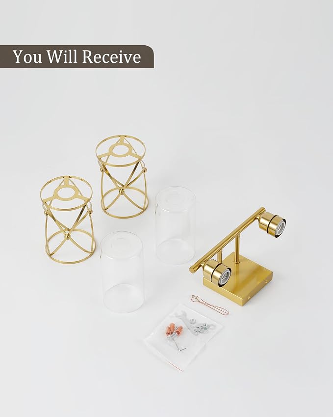 2-Light Brushed Gold Bathroom Light Fixtures, 13.8 Inch Modern Bathroom Vanity Lighting Fixtures Over Mirror with Clear Glass and Metal Cage Wall Sconce Lights for Bath, E26, CH9176BG-2W