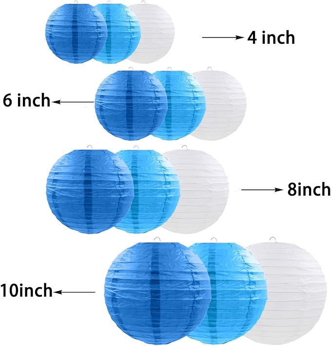 12pcs Blue Hanging Paper Lanterns,Round Paper Lanterns for Birthday,Baby Shower,Wedding,Party,Home Ceiling Decoration（4" 6" 8" 10" ）