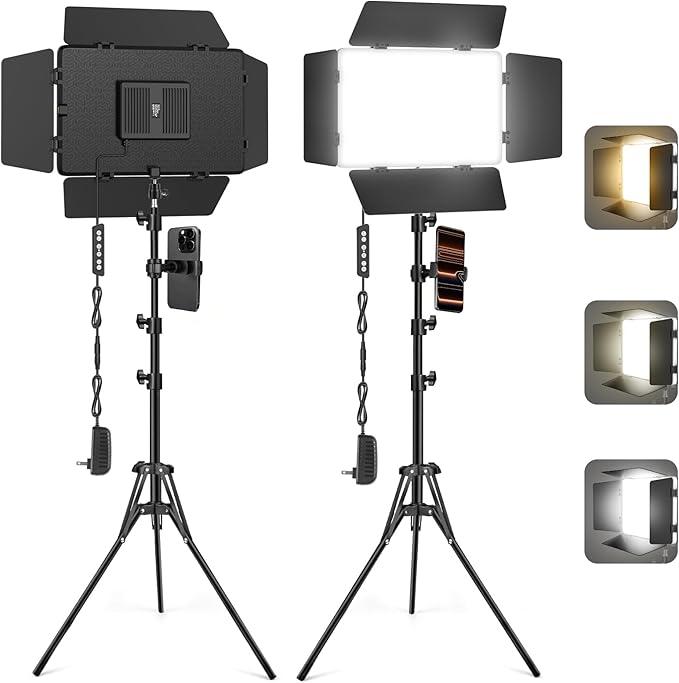 2 Pack LED Video Light with Barndoor, 20W Bi-Color LED Studio Lights Panel, 2500K-8500K Dimmable Photography Lighting Kit for Video Recording Shooting Live Streaming Podcast