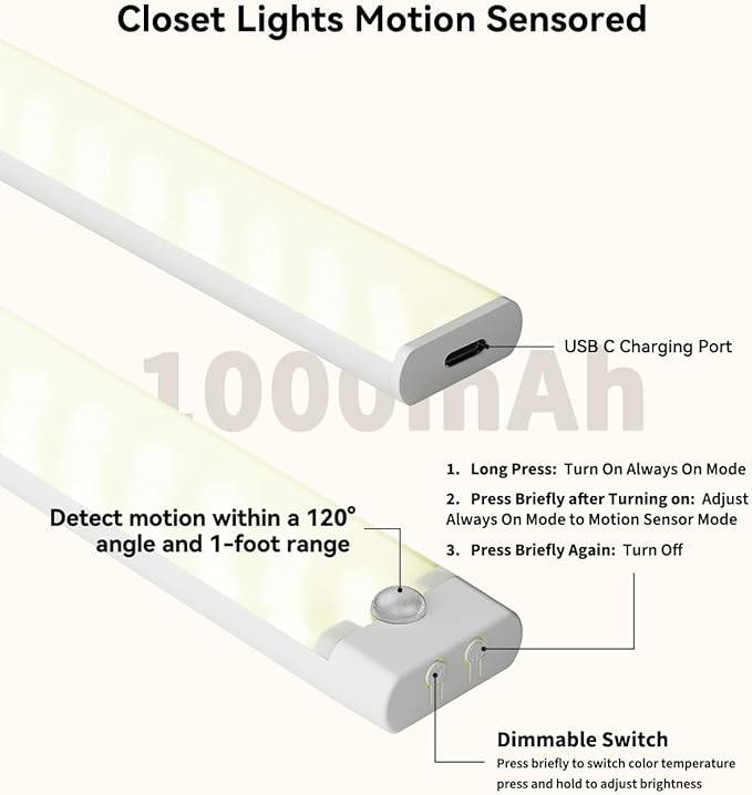 6 Packs Under Cabinet Lighting with Charging Station 12 Inches, Rechargeable Motion Sensor Light Indoor, 3 Color Dimmable Closet Light, USB Led Stick on Under Counter Lights for Kitchen Shelf