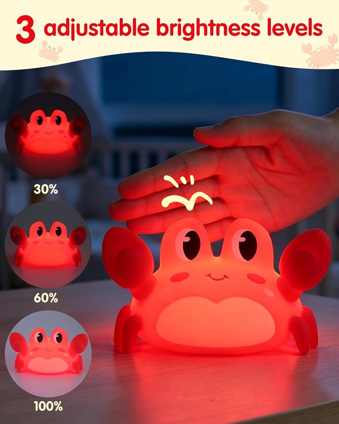 YISUN Crab Night Light for Kids, Silicone LED Dimmable Nursery Nightlight | Rechargeable Bedside Touch Light, Novelty Animal Lamp for Boys Girls Toddlers