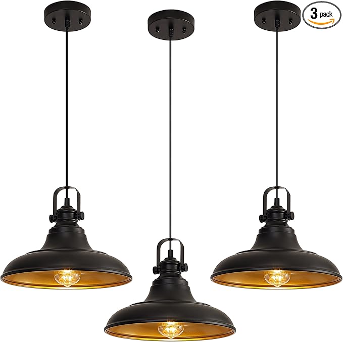 Black Farmhouse Pendant Light,Blacks Pendant Lighting for Kitchen Island,Matte Black Hanging Lighting Fixture Over Sink for Dinning Room Bedroom Hallway,3 Packs