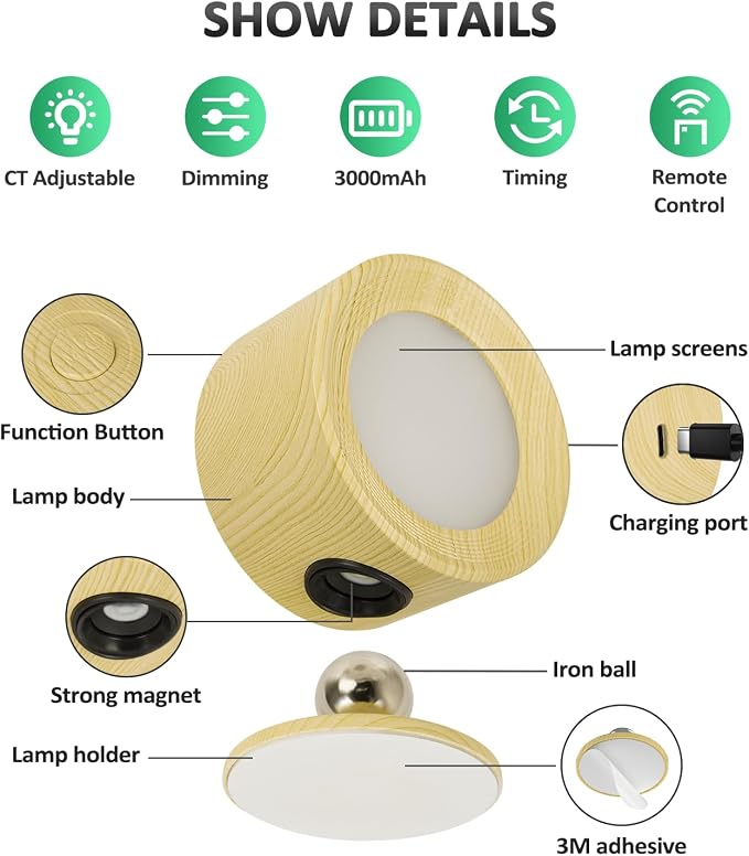 Racokky LED Wall Mounted Lights 2 Pcs with Remote, Wall Sconces Lamp 3000mAh Rechargeable Battery Operated, 3 Color Temperatures & Dimmable Magnetic 360° Rotation Cordless Light for Bedroom Reading