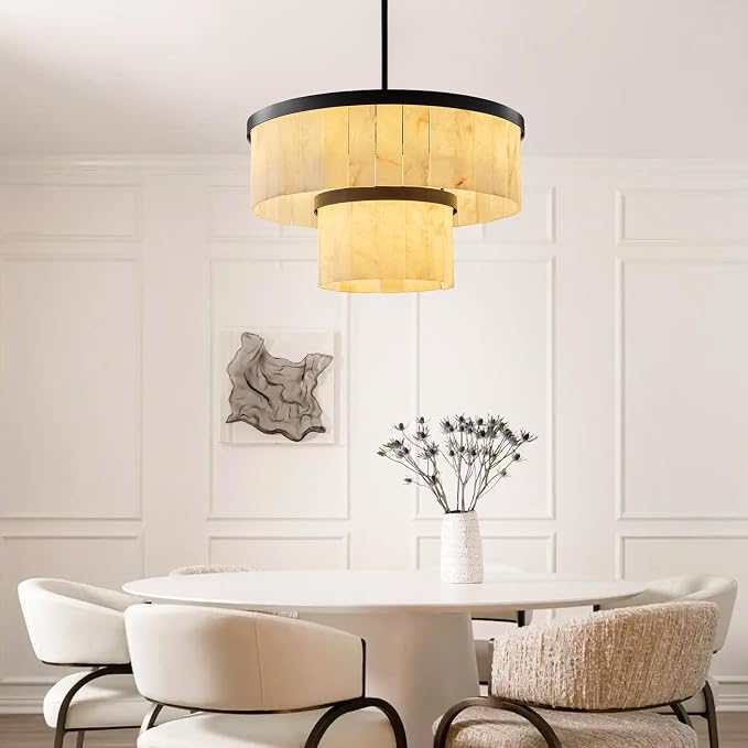 Alabaster Chandelier 2-Tier D24 Round Chandeliers, Modern Dining Room Chandelier Marble Pendant Light Farmhouse for Living Room, Bedroom, Foyer, Kitchen, Entryway Black(Include Bulbs)