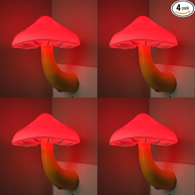 LED Mushroom Night Light Plug in Lamp, 4 Pack Red Night Lights Plug into Wall, Dusk to Dawn Sensor NightLight for Adults Kids Room Bedroom Bathroom Hallway Kitchen