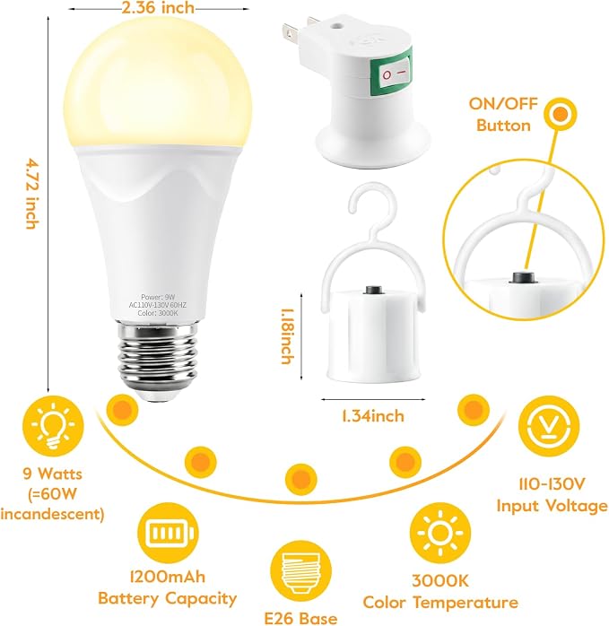 Rechargeable Light Bulbs, 9W Battery Operated Light Bulbs | Power Outage Lights, Emergency Lights for Home Power Failure, 3000K Daylight, 10 Pack