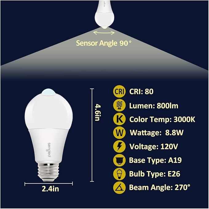 Sengled Motion Sensor Light Bulbs, A19 LED Dusk to Dawn Bulbs 3000K Soft White, Motion Activated Indoor Outdoor Light Bulbs 8.8W (60W Equivalent) 800 Lumens for Porch, Garage, Hallway, 4 Pack
