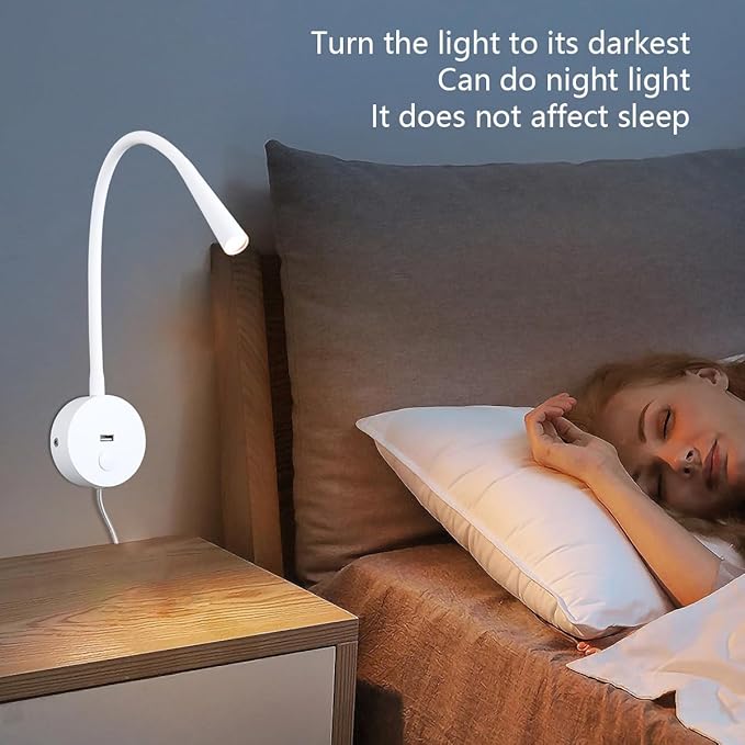 Wall Mounted Reading Lamp USB Charger Matt White LED 3W Warm White 3000K Plug for Reading (White USB Charger Dimmer 2pcs)