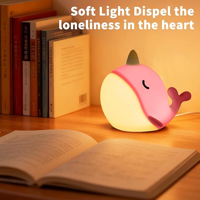 Cute Narwhal Night Light, Tap Control with 3 Warm White Brightness, USB Kids Bed Lamp with 30-Minute Timer, Soft Silicone Glow for Nursery, Birthday Gift(Pink Narwhal)