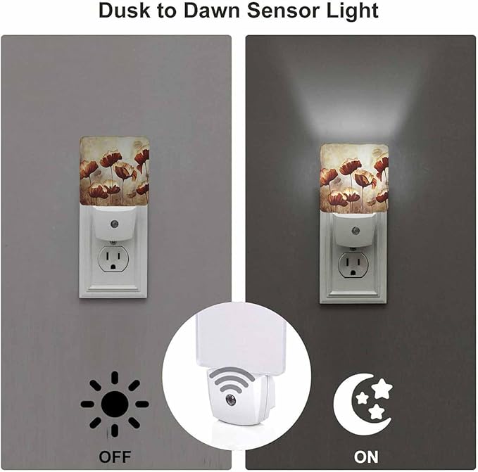 LED Night Light,Poppies Flower Artwork Vintage Brown Lotus LED Night Light Plug into Wall with Dusk to Dawn Light Sensor White Energy Efficient Nightlight for Bedroom Hallway Living Room Kitchen