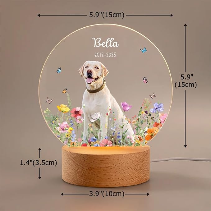Personalized Dog Memorial LED Night Light with Wooden Base, Custom Photo and Name Pet Memorial Gift for Loss of Pet