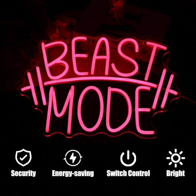 Beast Mode Neon Signs for Wall Decor Red Letter LED Neon Light Gym Neon Sign Barbell LED Neon Lights Signs Dumbbell Neon Wall Sign for Bedroom Gym Sports Room Fitness Club Decor