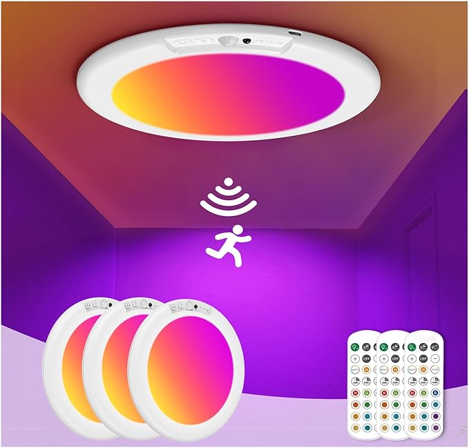 3 Pack Rechargeable Motion Sensor Ceiling Light with Remote, Wireless Battery Operated Closet Light with 13 Colors Changing, 0.55″ Magnetic Lights for Shower Bathroom Closet Hallway Pantry