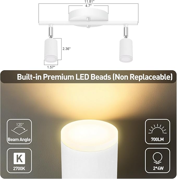 2 Light Track Lighting Fixtures Ceiling, 8W/2700K White Track Lighting with Acrylic Lampshade & Rotatable Light Heads, 20000hrs Lifespan, Modern LED Track Lights Ceiling for Kitchen/Hallyway