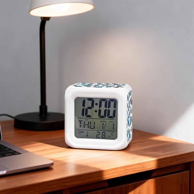 Alarm Clock Blue Paw Print Digital Clock Battery Operated Silent, Black Animals Cat Dog Colored Cartoon Decorative 7 Color LED Night Light Cube Alarm Clocks for Bedrooms Bedside Office