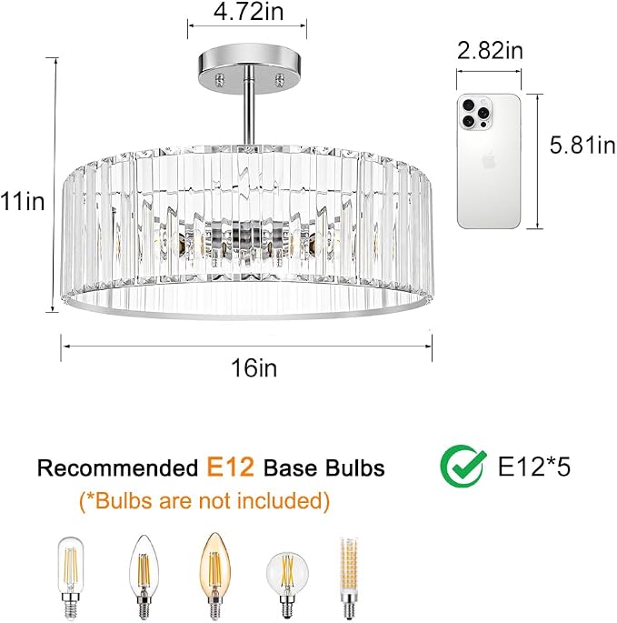 Lxybcce Modern Crystal Ceiling Light Fixture, Semi Flush Mount Ceiling Light, Chrome Hallway Lighting Fixtures Chandelier, Crystal Chandelier for Kitchen Bedroom Dining Room Closet, 5-Light, 16 Inch